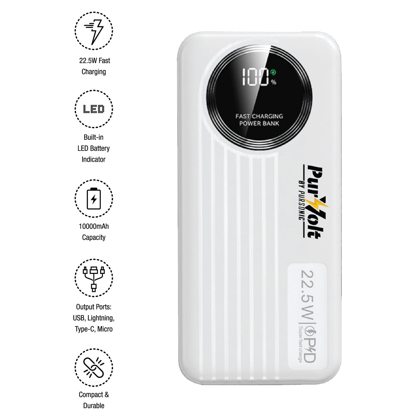 Pursonic 10,000mAh LED Fast Charging Power Bank - Image 2