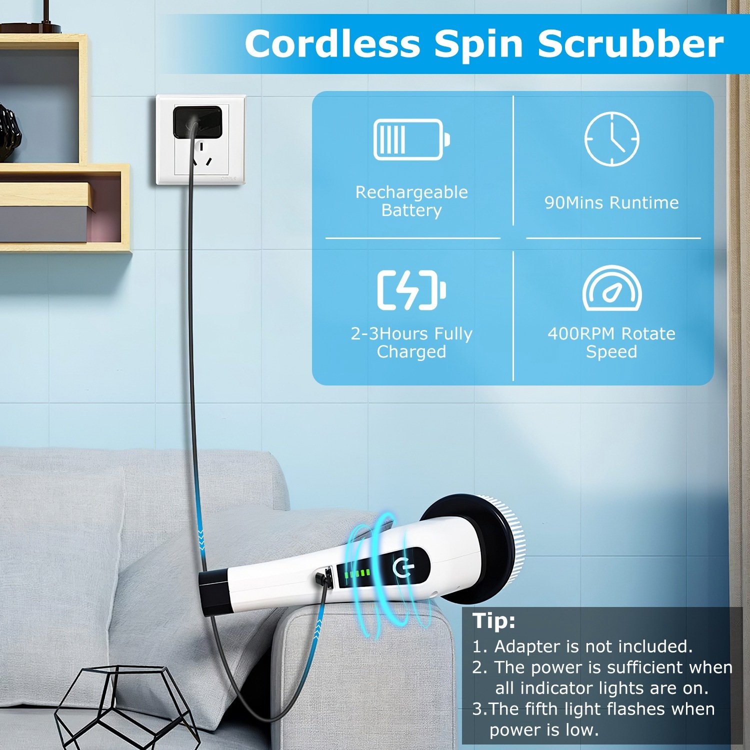 1Pc Electric Spin Scrubber Cordless Rechargeable Telescopic Cleaning Brush 8 Replaceable Heads 2 Speed Adjustable Extension Arm Bathroom Tub Tile Floor - Image 6