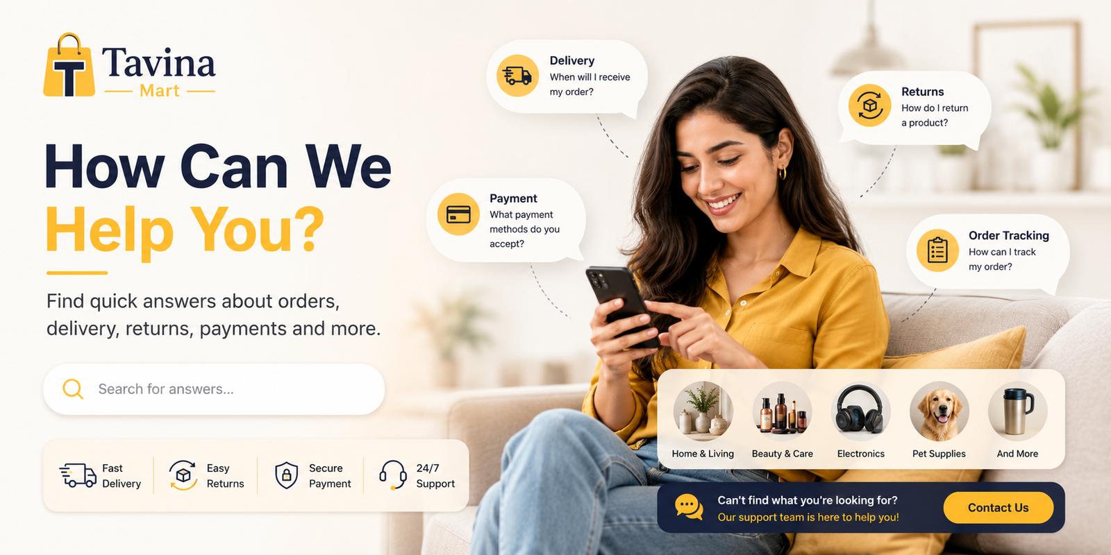 TavinaMart customer support, secure payments, delivery, returns and order tracking