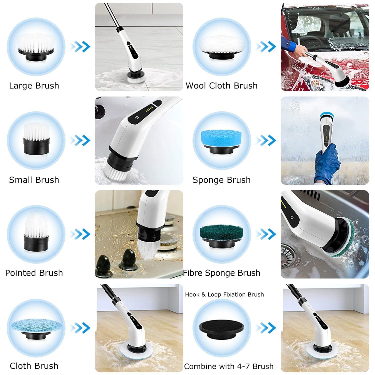 1Pc Electric Spin Scrubber Cordless Rechargeable Telescopic Cleaning Brush 8 Replaceable Heads 2 Speed Adjustable Extension Arm Bathroom Tub Tile Floor - Image 10