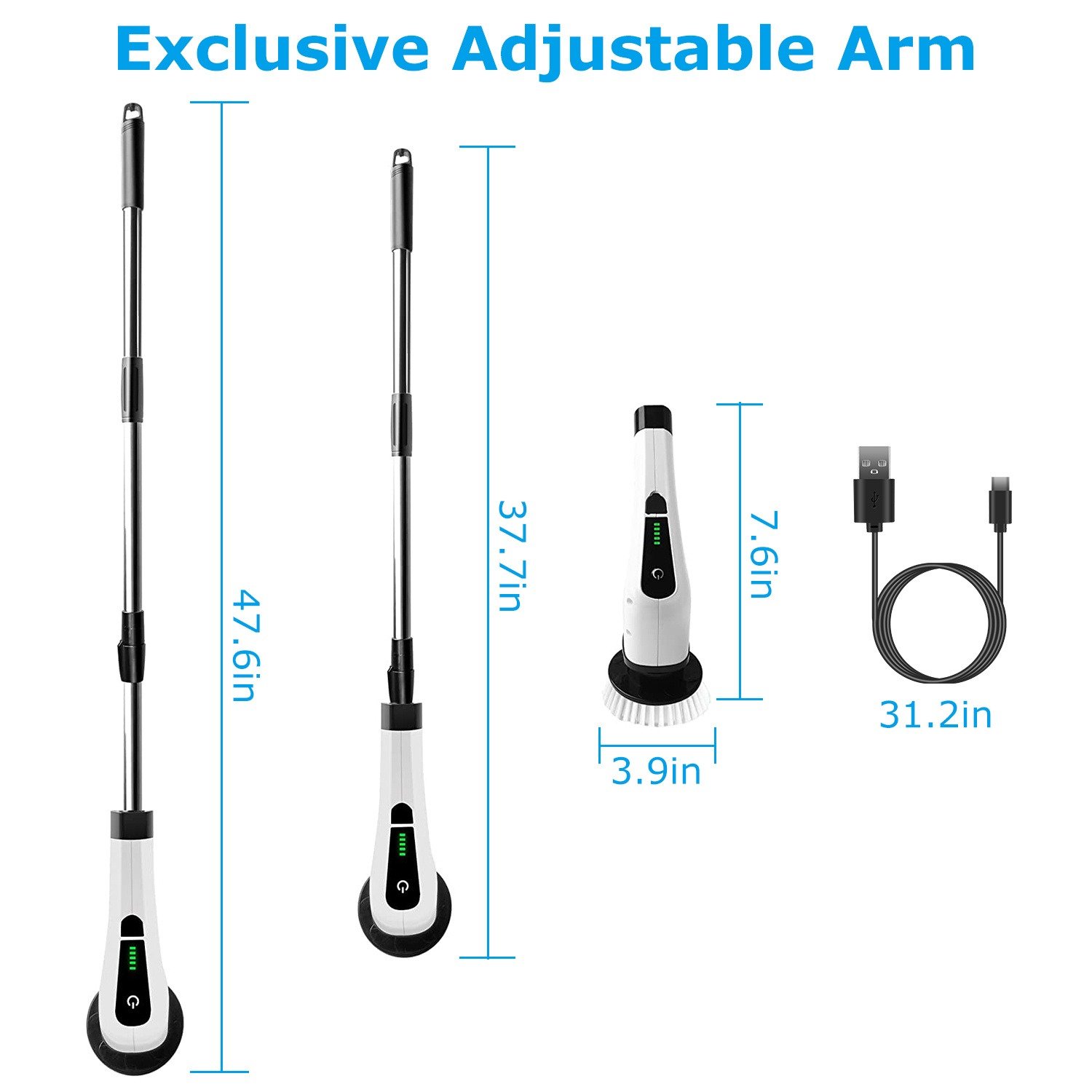 1Pc Electric Spin Scrubber Cordless Rechargeable Telescopic Cleaning Brush 8 Replaceable Heads 2 Speed Adjustable Extension Arm Bathroom Tub Tile Floor - Image 7