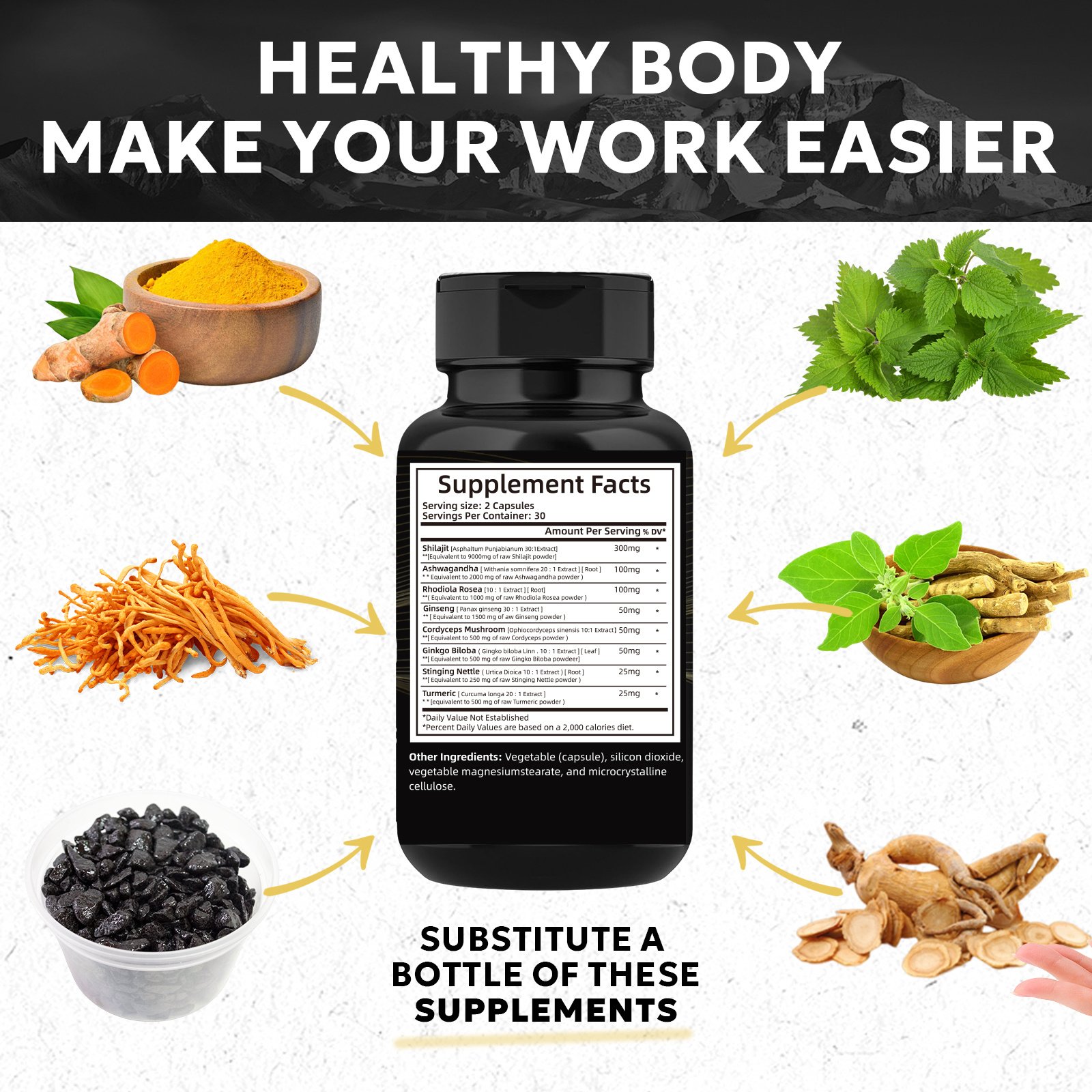 Pure Natural Himalayan Shilajit Capsules With Ashwagandha Ginseng Healthcare Vitamin 8 In 1 Energy Supplement - Image 3