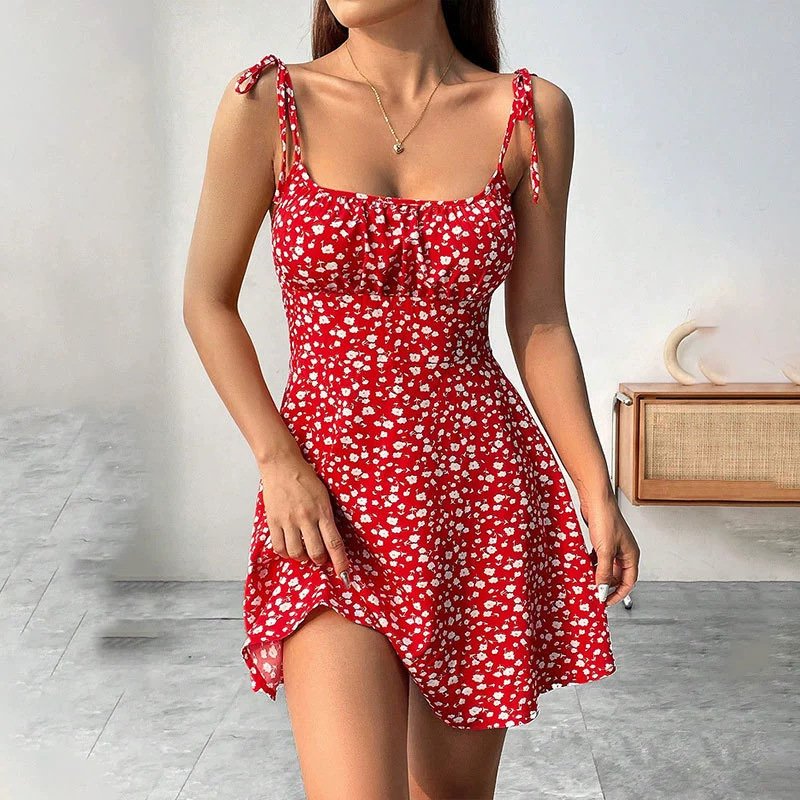 Floral Print Dress Summer Sweet A- Line Waist Trimming Dresses Women's Slimming Casual Clothing - Image 4