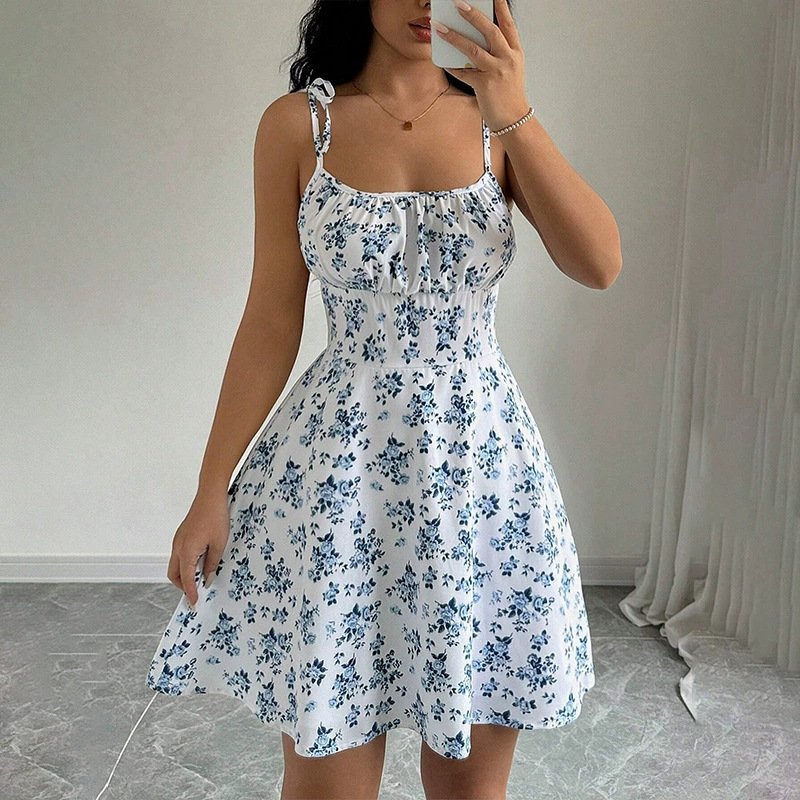 Floral Print Dress Summer Sweet A- Line Waist Trimming Dresses Women's Slimming Casual Clothing - Image 7