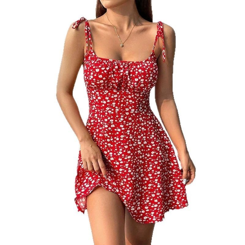 Floral Print Dress Summer Sweet A- Line Waist Trimming Dresses Women's Slimming Casual Clothing - Image 3