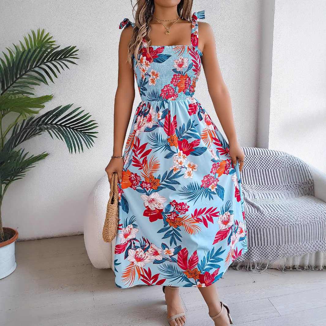 Flowers Print Suspender Corset Dress Ins Fashion Holiday Beach Long Dresses Summer Clothing For Women - Image 3